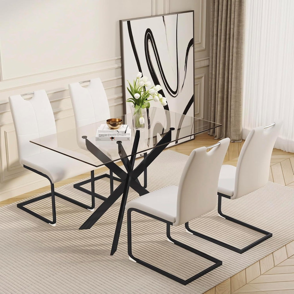 51" 5-Piece Glass Dining Table Set for 4, White&Black