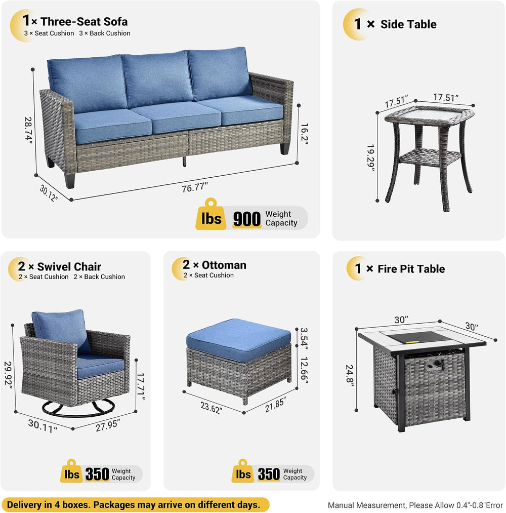 ovios 7 Pieces Patio Furniture Set with Square Fire Pit Table, Swivel Rocking...