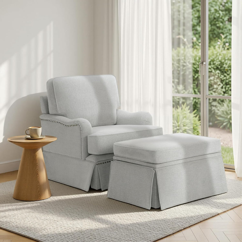 Swivel Accent Chairs with Ottoman, Set of 2, Chenille Ash Gray