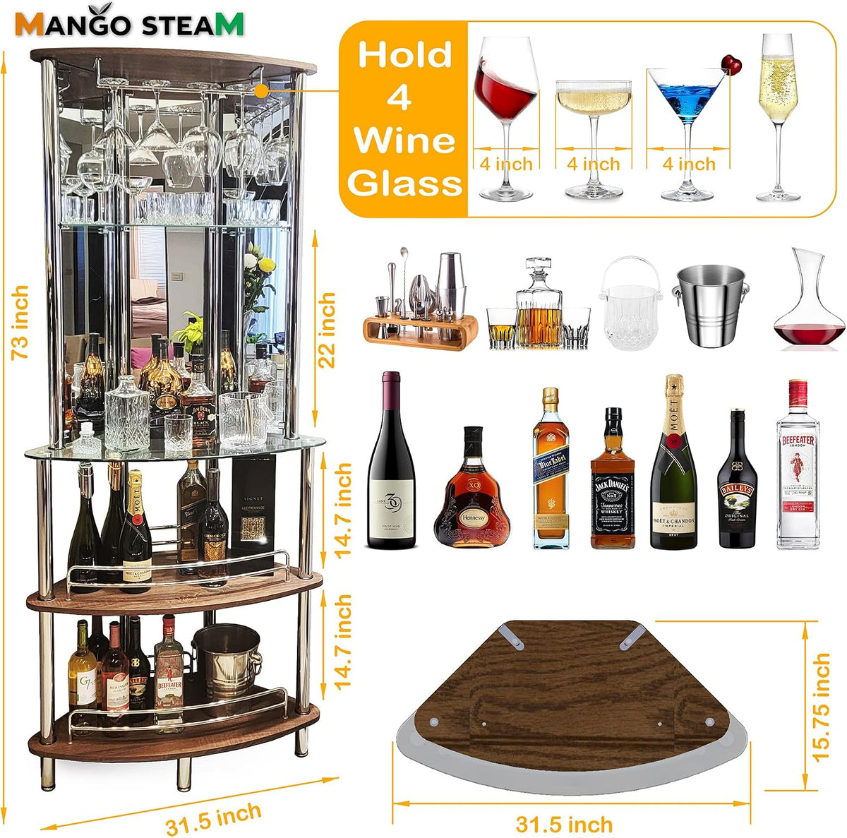 Mango Steam Contemporary Modern Home Entertainment Liquor Bar Catalina Table (Tower Bar, Clear and Brown)