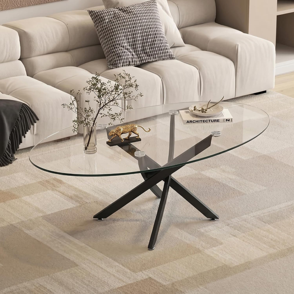 Henf Oval Glass Coffee Table, 39.4'' Transparent Top, Black Metal Legs