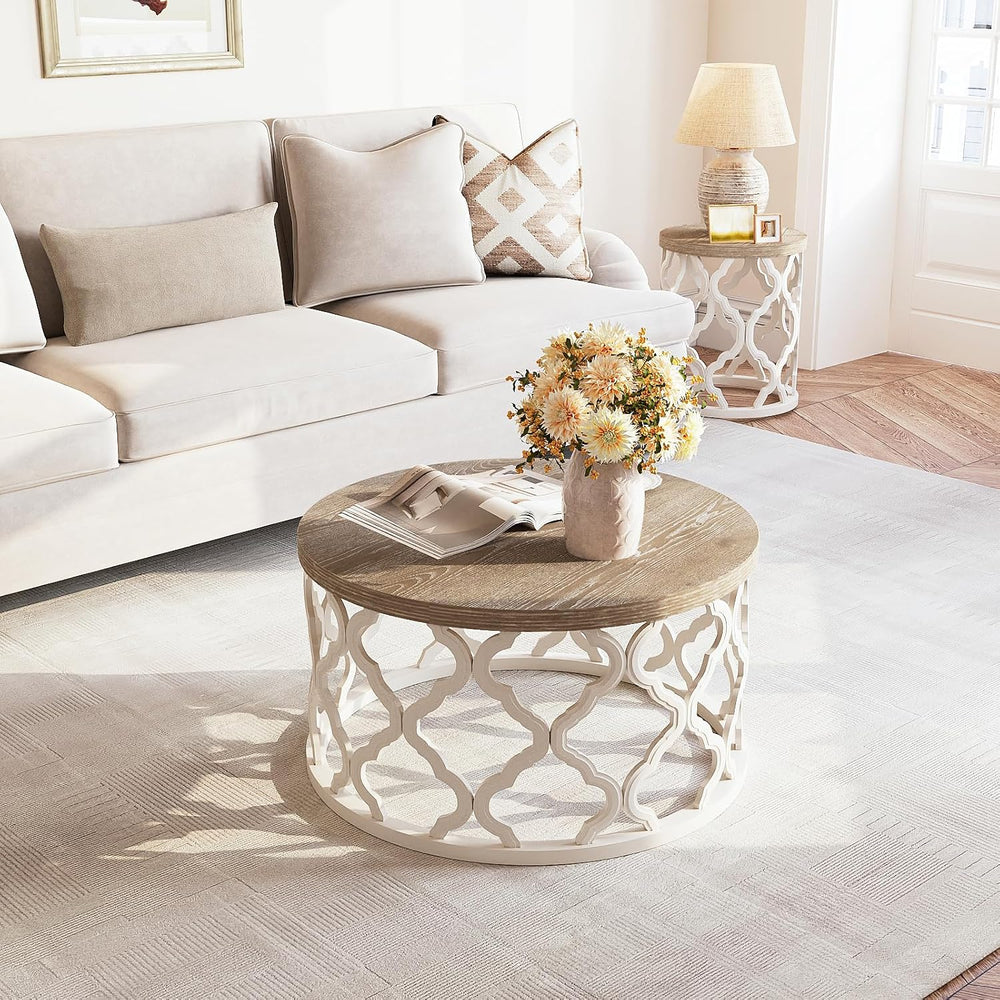 karlott Farmhouse Coffee Table, French Country Round Coffee Table, Beige