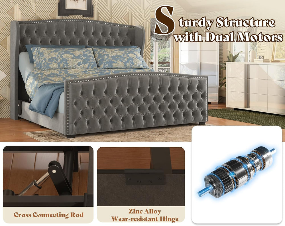 AMERLIFE King Adjustable Bed Frame with 51" Velvet Upholstered Headboard