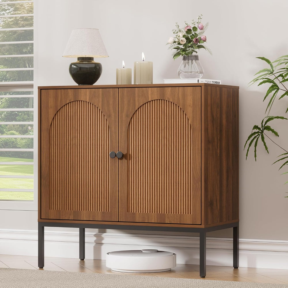 Yechen Modern Fluted Sideboard Buffet Cabinet with Storage, Walnut