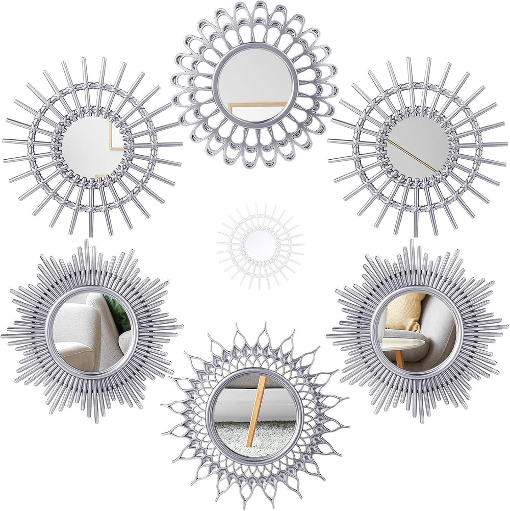 Namalu 6 Pcs Sunburst Round Mirror for Wall Decor, Classic, Silver