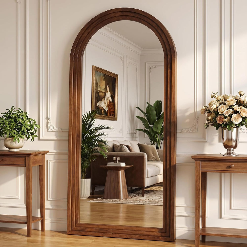 76"x34" Arched Full Length Mirror, Large Wood Floor Mirror, Walnut