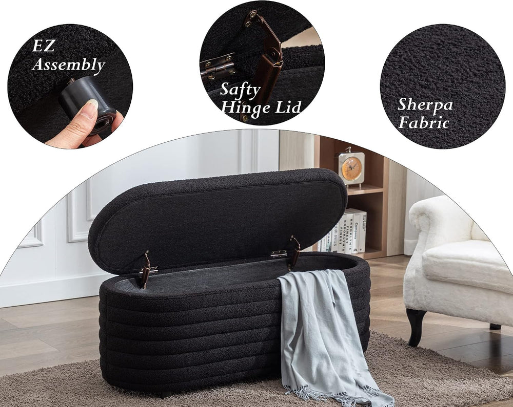 45.5" Modern Storage Ottoman Bench, Black Sherpa