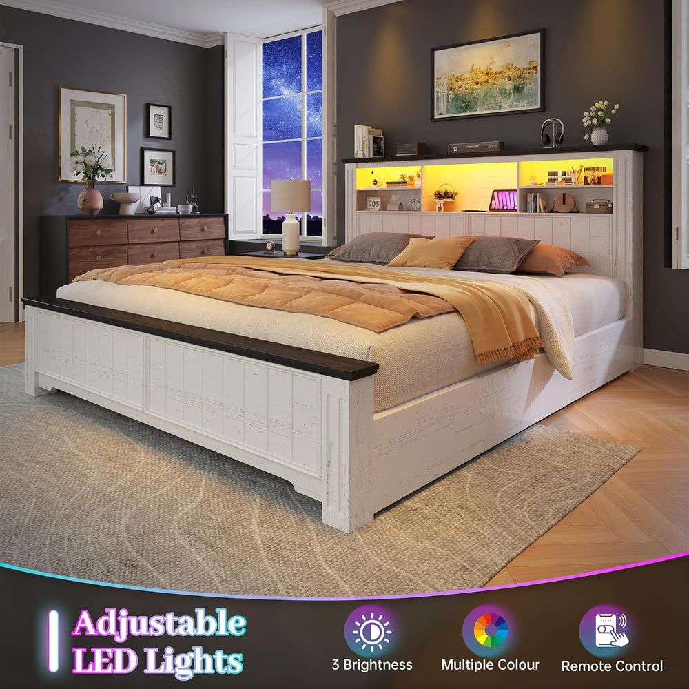 EnHomee Queen Bed Frame with 4 Drawers and Headboard Storage Shelf,White