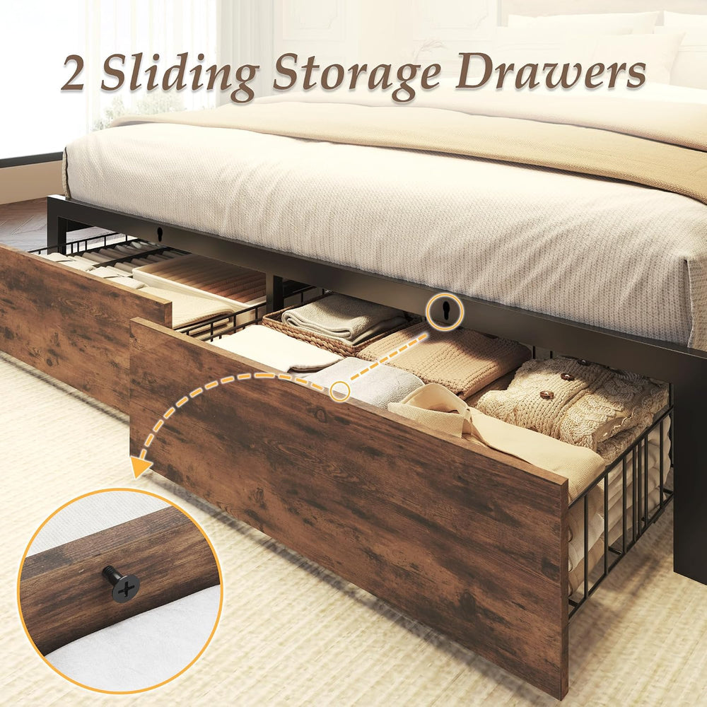 Full Bed Frame with Charging Station, LED Lights, 2 Drawers, Rustic Brown