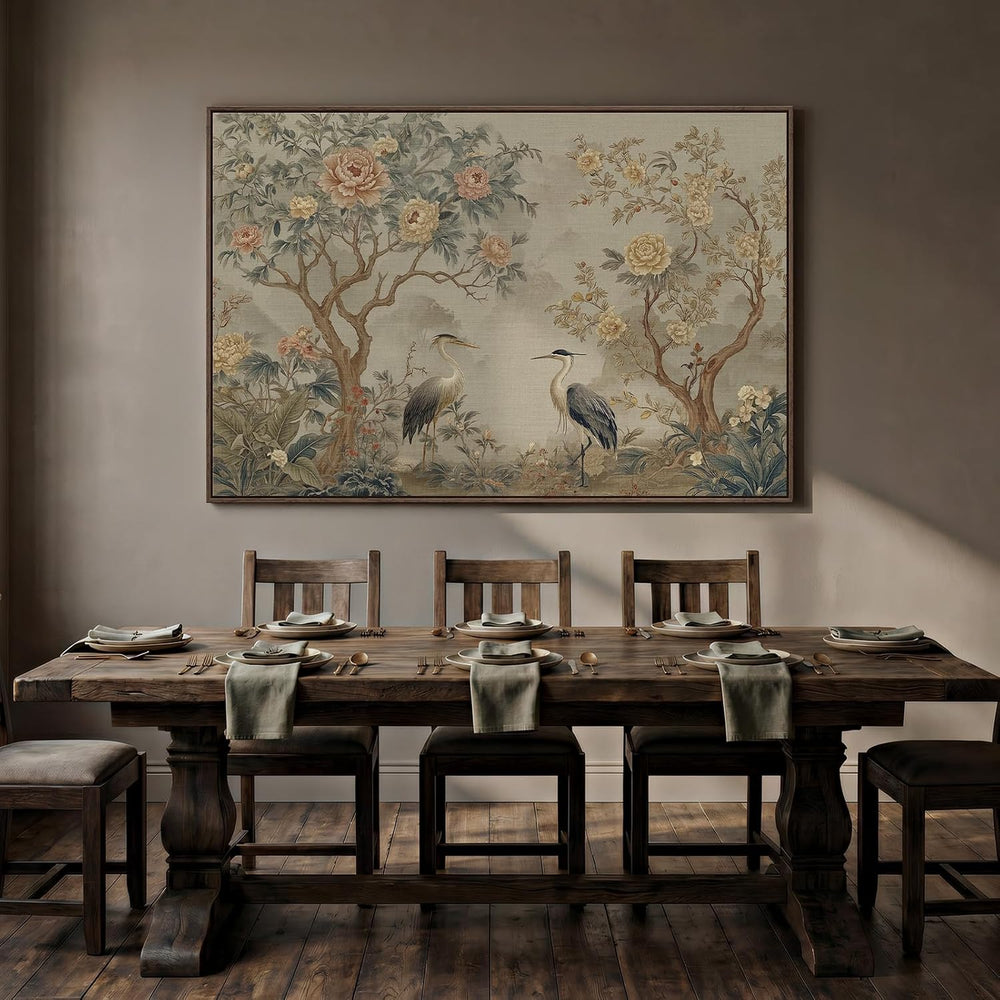 Extra Large Framed Neutral Chinoiserie Wall Art for Living Room, 72x48 Inch