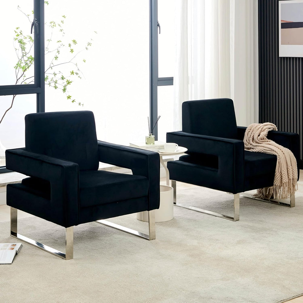Velvet Accent Chair, Modern Armchair with Silver Base, Black