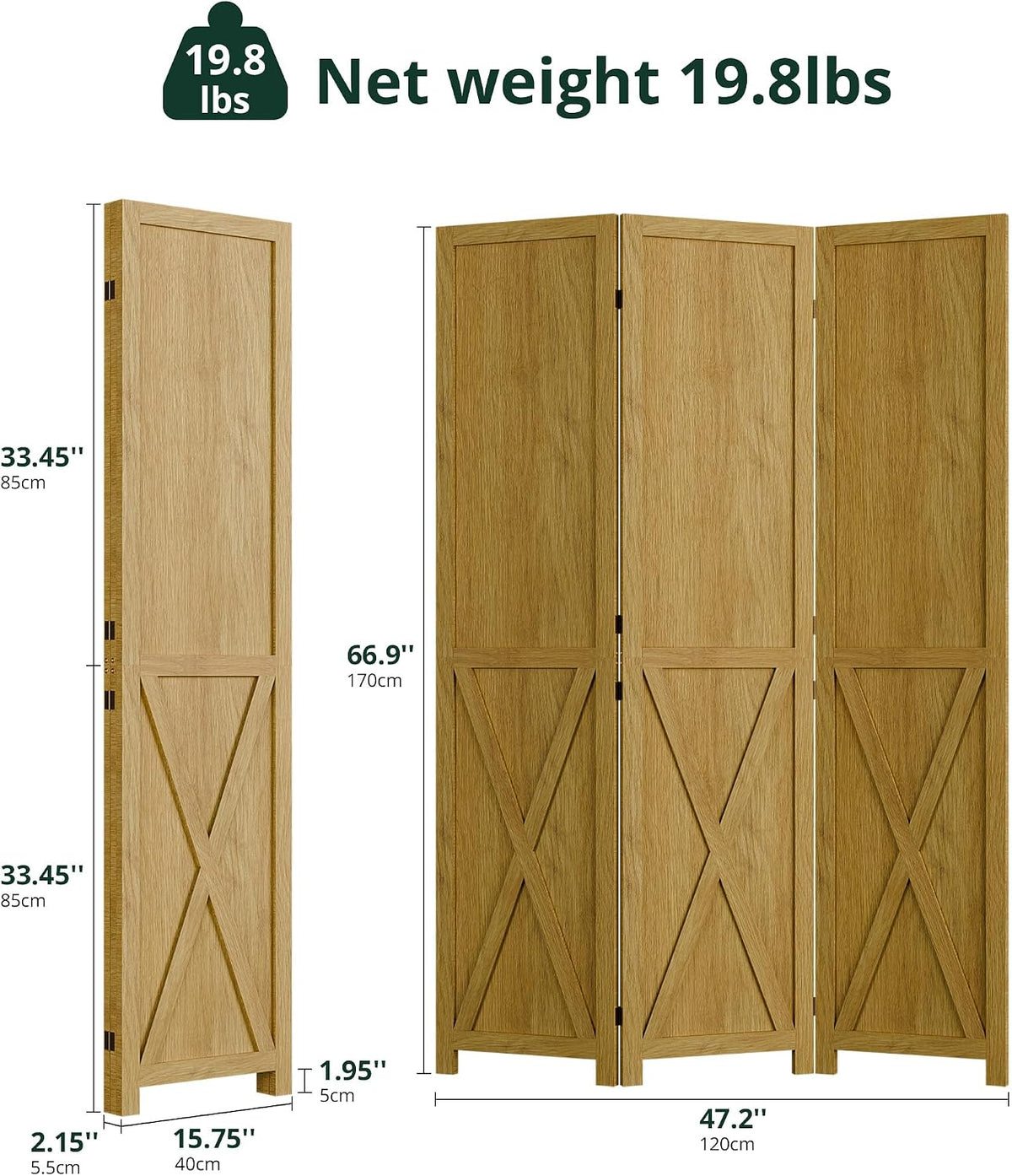 Cozy Castle Wood Room Divider, 3 Panel 66.9 Inch Privacy Screen, Folding Wall Divider, Barnwood Room Separator, Freestanding Partition, Temporary Wall for Decorative, Natural