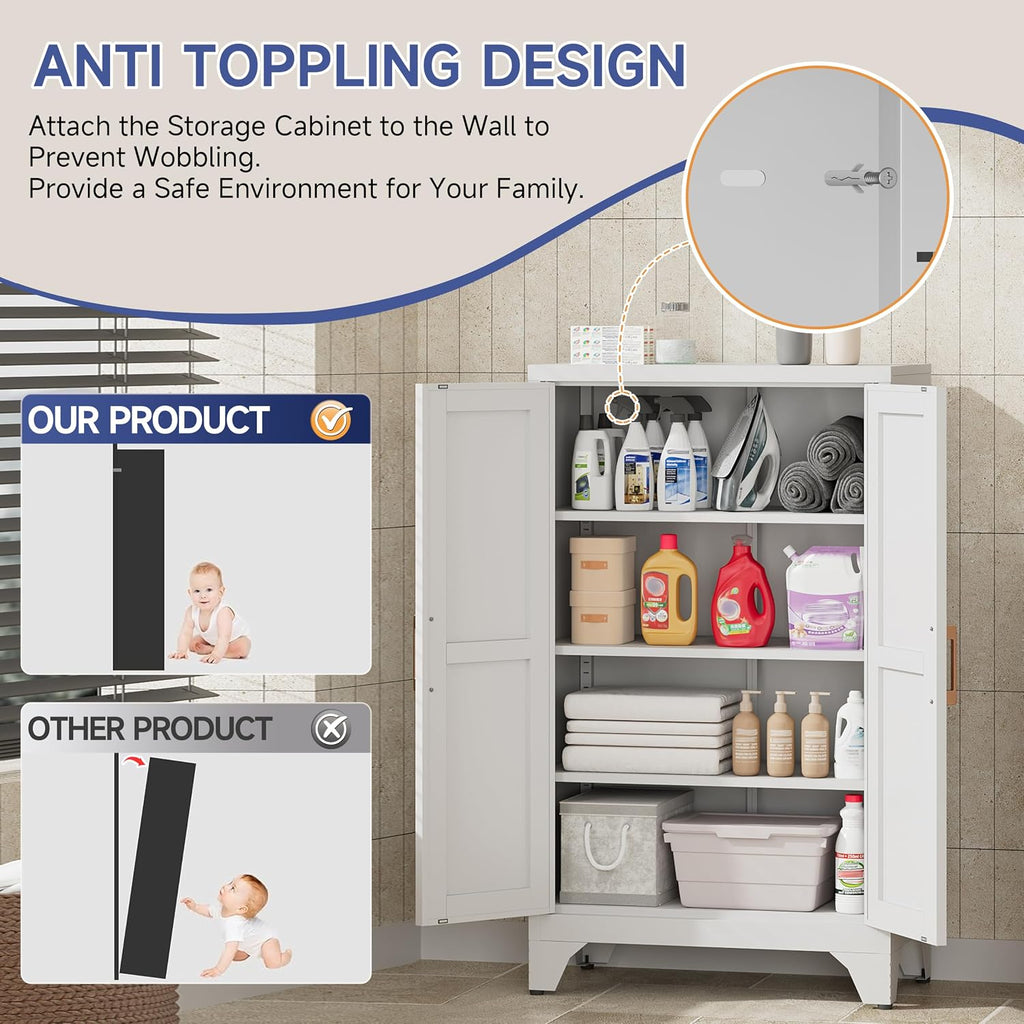 46.06" White Metal Storage Cabinet, 2 Door Adjustable Shelves Freestanding Pantry Cabinet (White, 11.81" D x 23.62" W x 46.06" H)