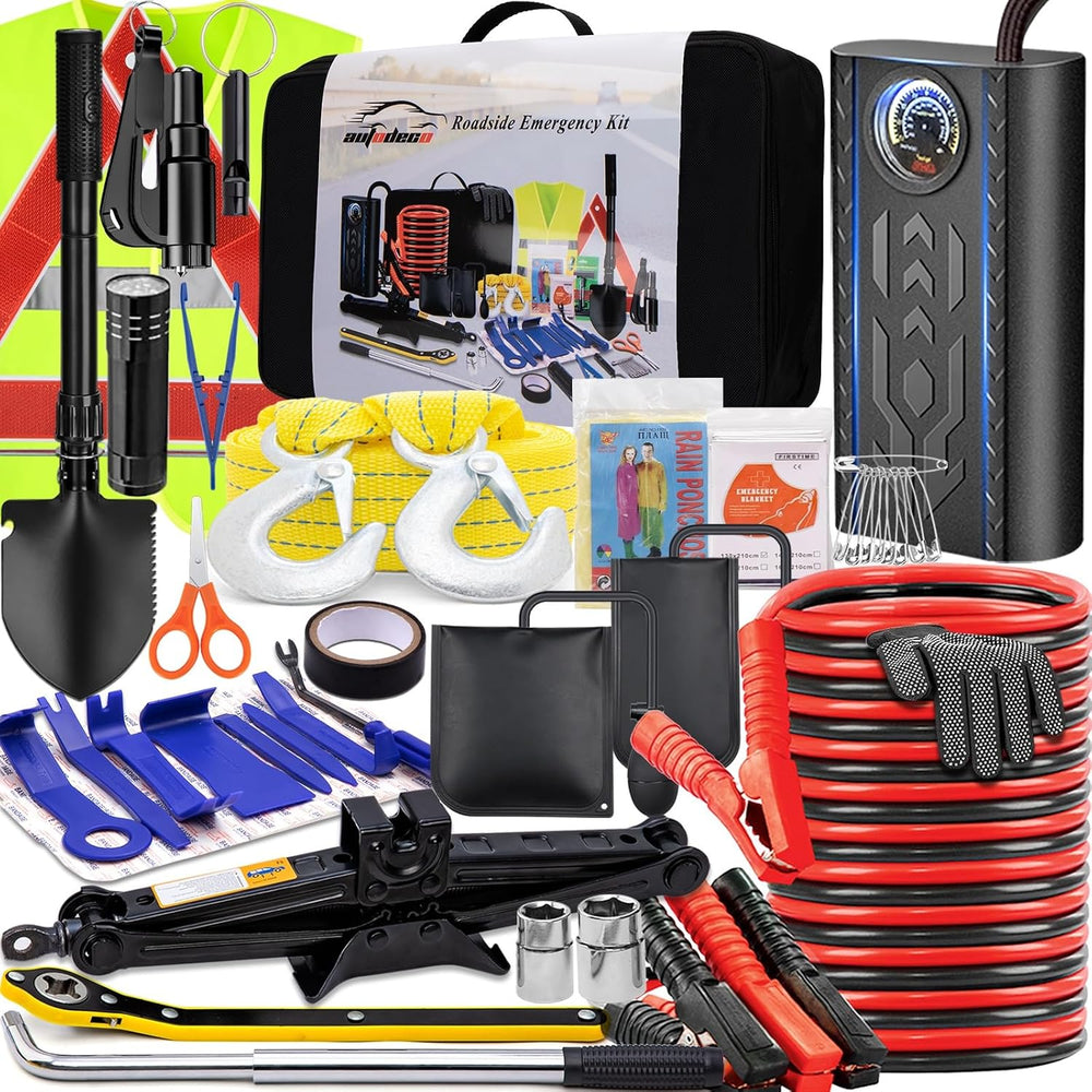 Car Emergency Roadside Kit with Scissor Jack, Air Compressor, Jumper Cables, ...