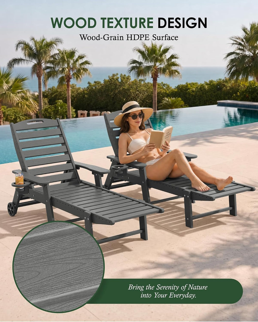 HDPE Outdoor Chaise Lounge Chair Set of 2, 77.8" Length,Dark Grey