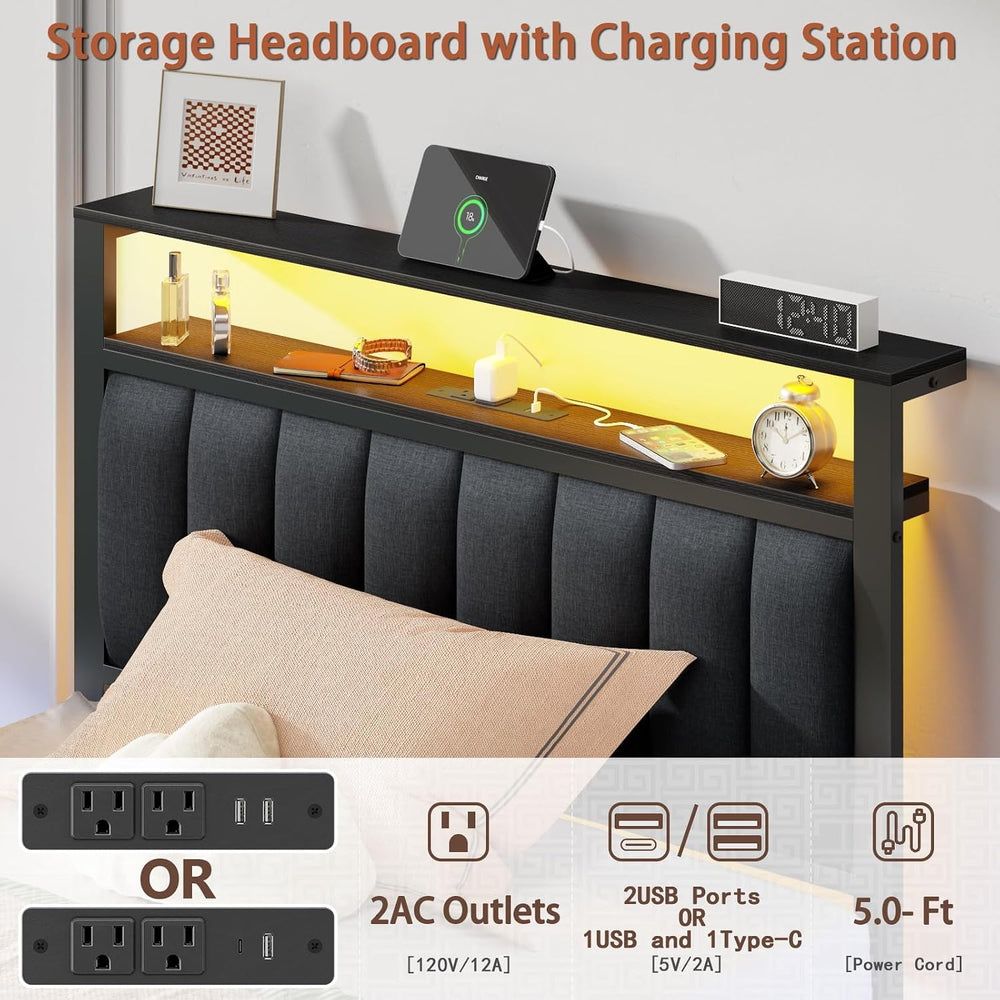Furnulem Twin Size Bed Frame with Charging Station and LED Lights
