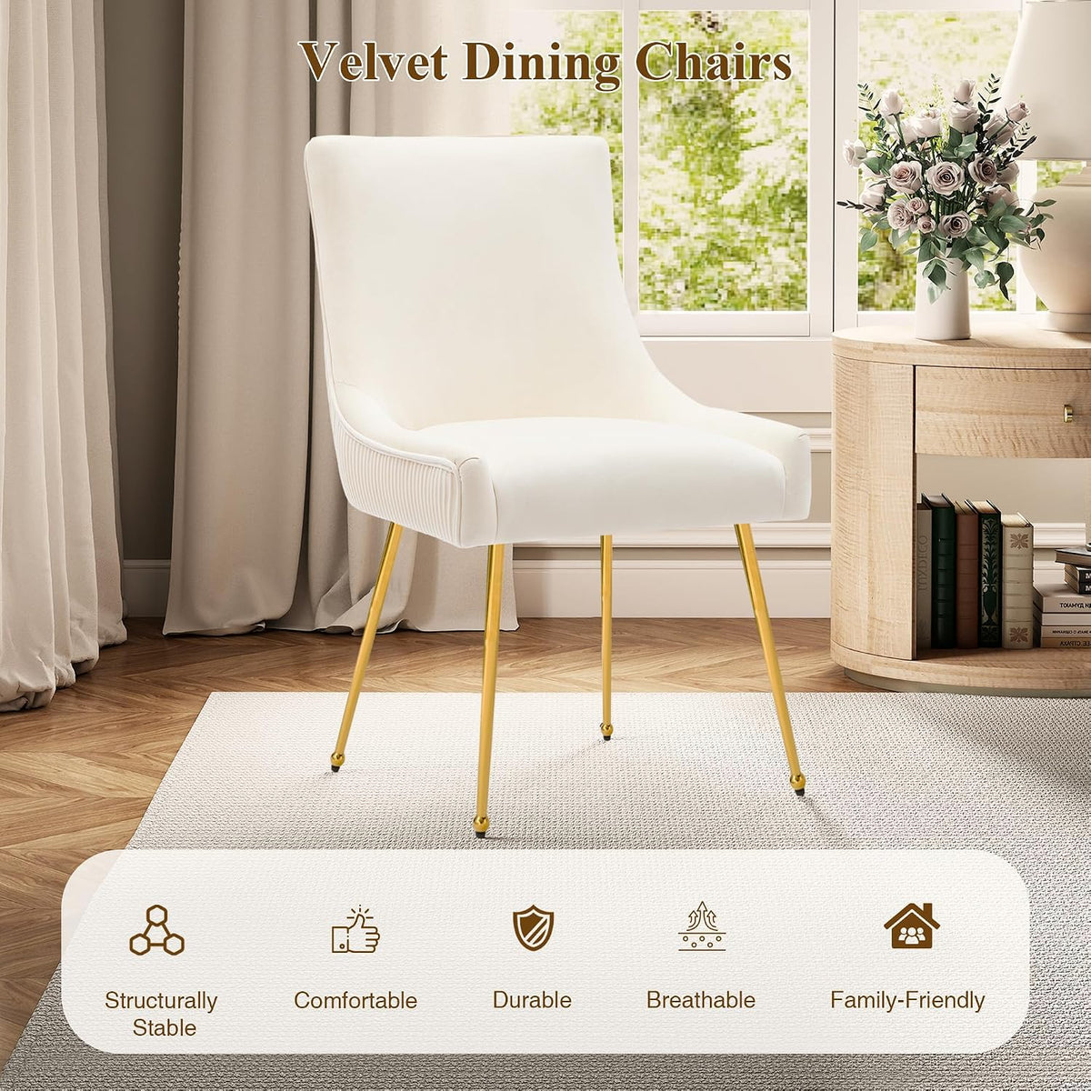 adochr Velvet Dining Chairs Set of 4 with Gold Metal Legs, Beige