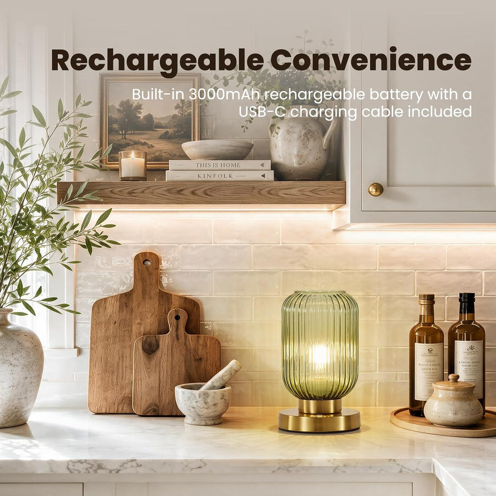 6" MCM Cordless Rechargeable Green Glass Table Lamp, Touch Dimmable