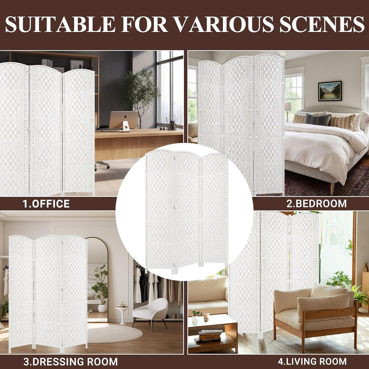 HALLYBEE Room Divider Panel,3 Panel Partition Room Dividers Screen, White