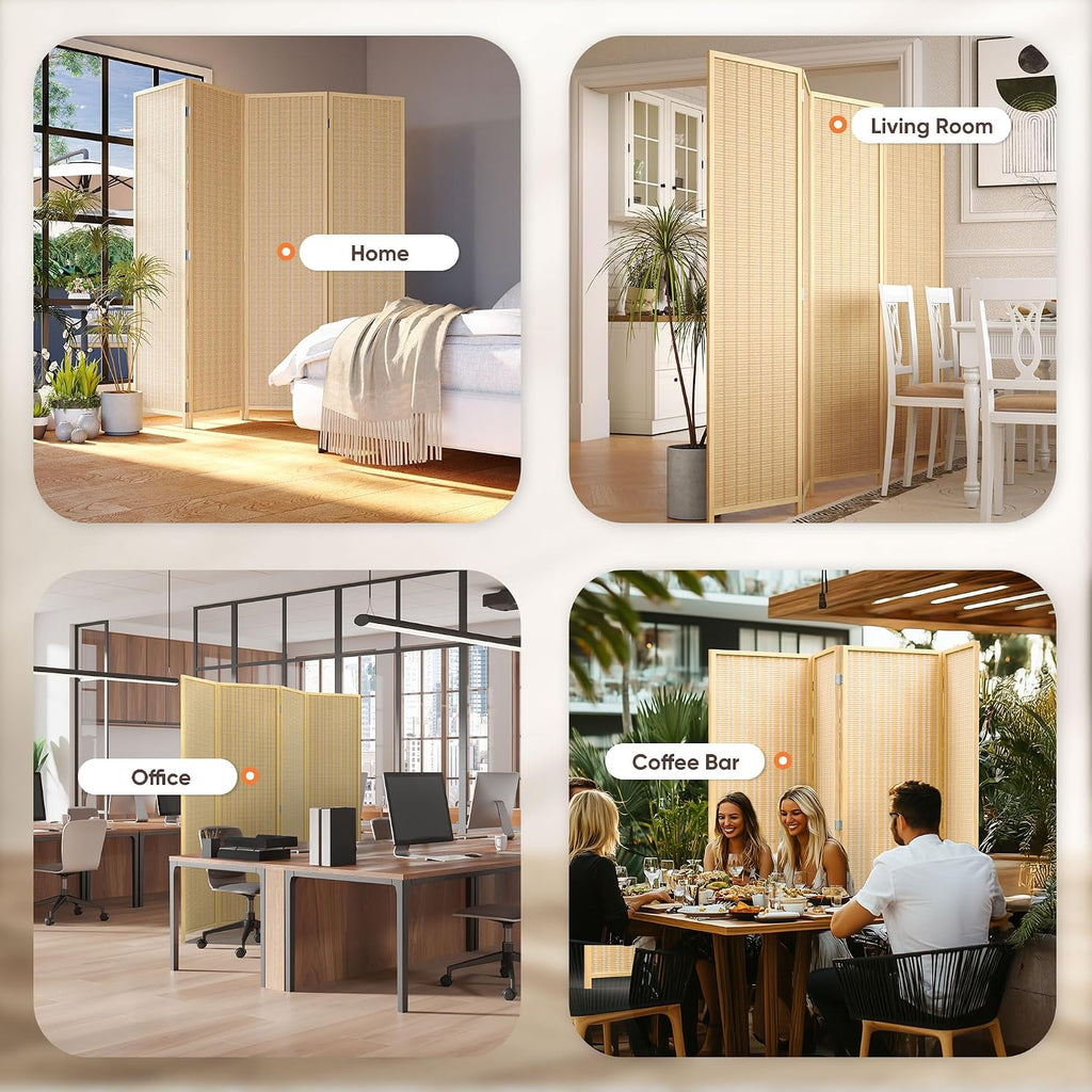 JOSTYLE Room Divider 4 Panel Folding Privacy Screen, Woven Bamboo, Wooden