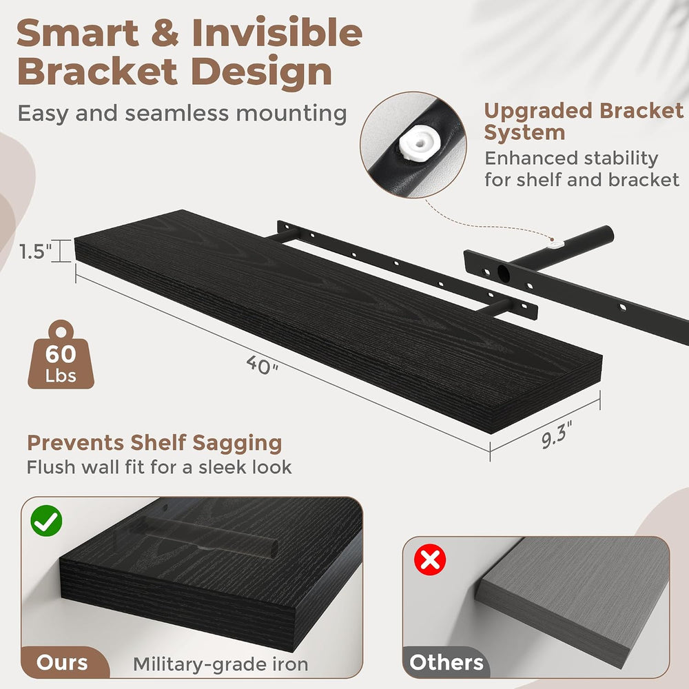 40 Inch Floating Shelves, 9"Deep Wall Shelf, 60 Lbs Capacity, Black, 2pcs