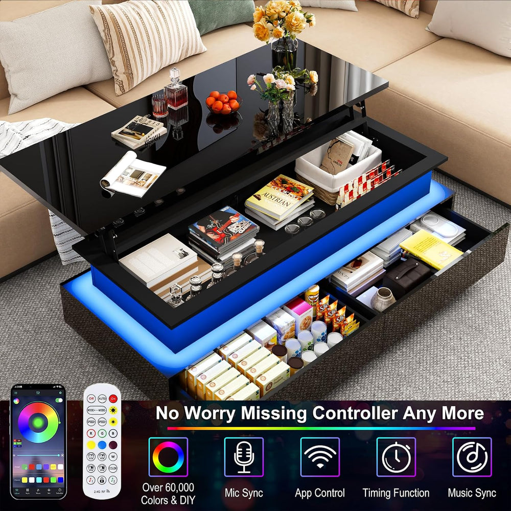 55" Large Lift Top Coffee Table, LED High Glossy Coffee Table Black
