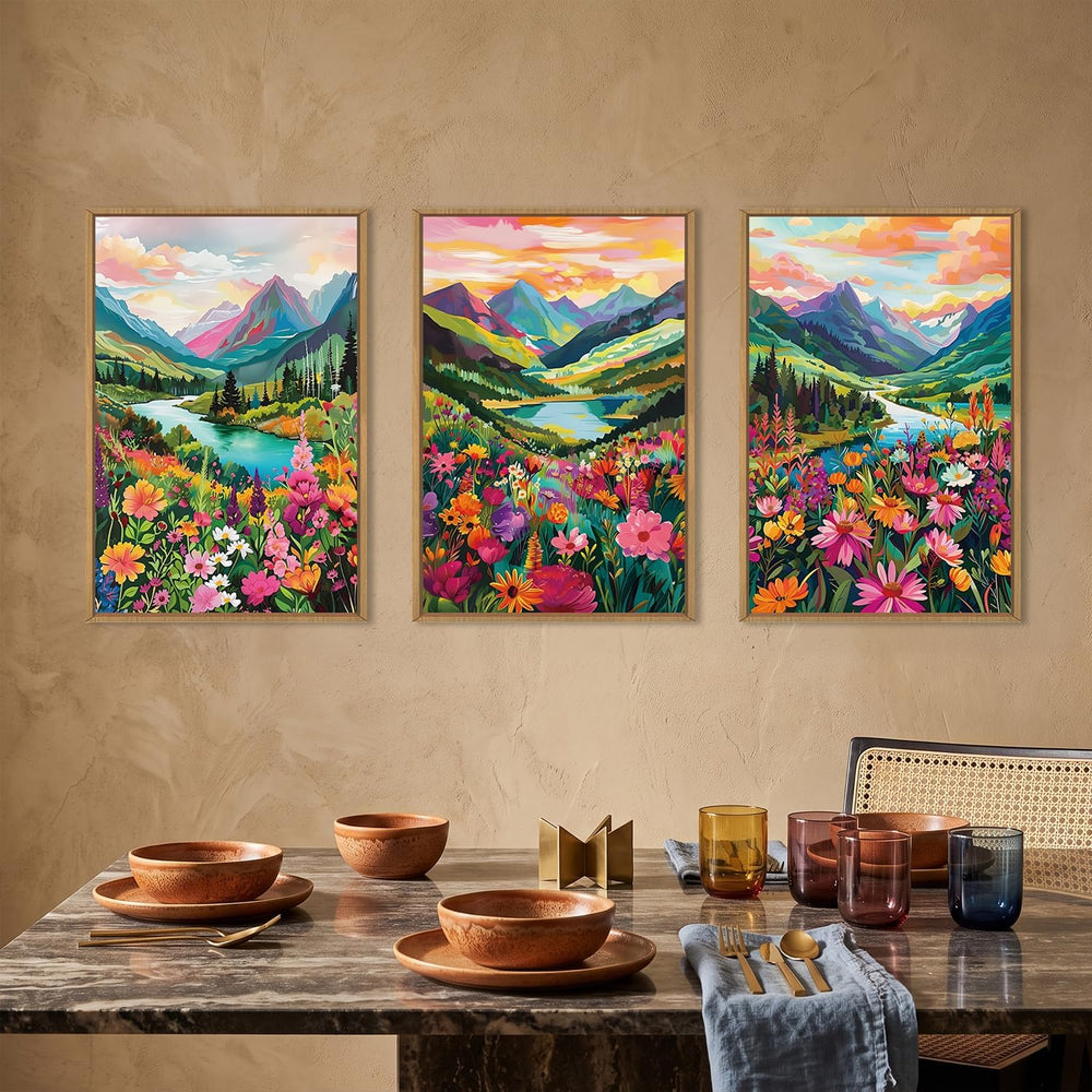 Colorful Mountain Floral Framed Canvas Wall Art Set-16"x24"x3