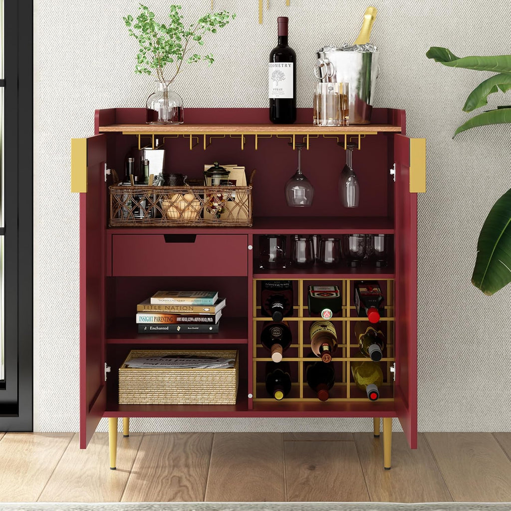 ARTPOWER Coffee Bar Cabinet with Wine Rack&Glass Holder, Red