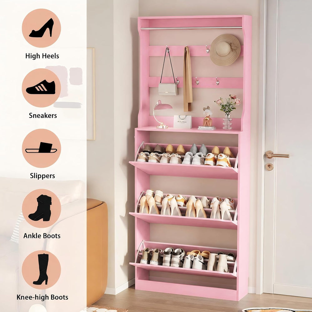 Pink Hidden Shoe Cabinet with 3 Flip Drawers & Coat Rack, Entryway