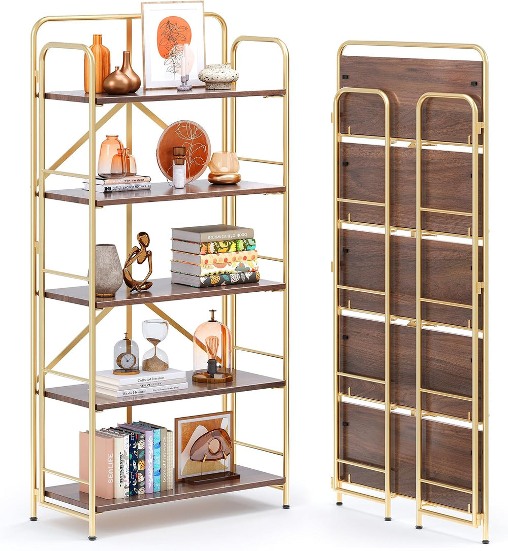 4NM No Assembly Folding Bookshelf, 5 Tier Collapsible Book Shelves Open Indus...