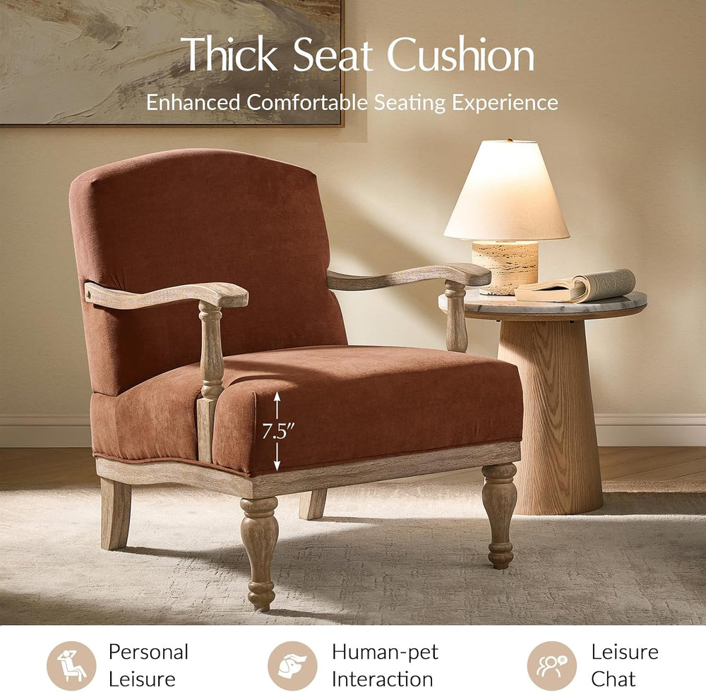 HULALA HOME Farmhouse Accent Chair with Solid Wood Frame, Burn-Brick