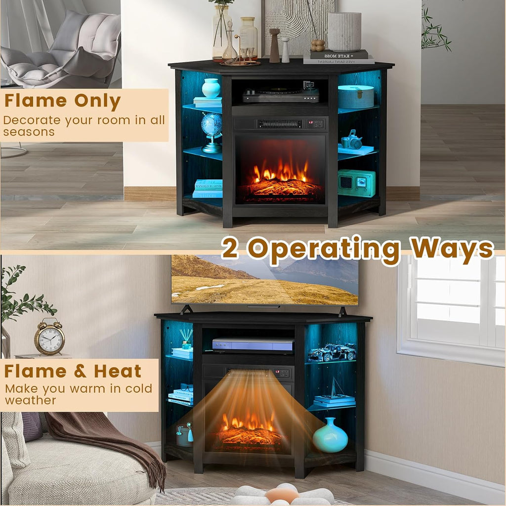 RELAX4LIFE Corner Fireplace TV Stand - Electric Fireplace Entertainment Center w/Heater Insert, LED Lights, APP Control & Adjustable Shelves, Media Console Cabinet for TVs up to 50’’ (Black)