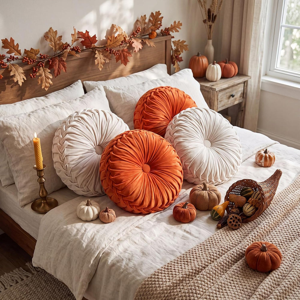 Kathfly 4 Pcs Round Throw Pillows Velvet Pleated Pillows, Cream, Orange