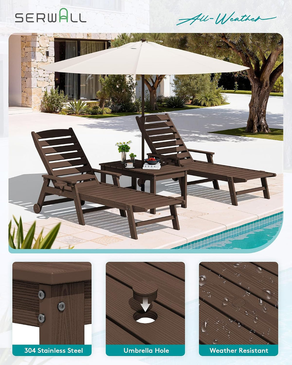 SERWALL HDPE Outdoor Coffee Table with Umbrella Hole, Coffee