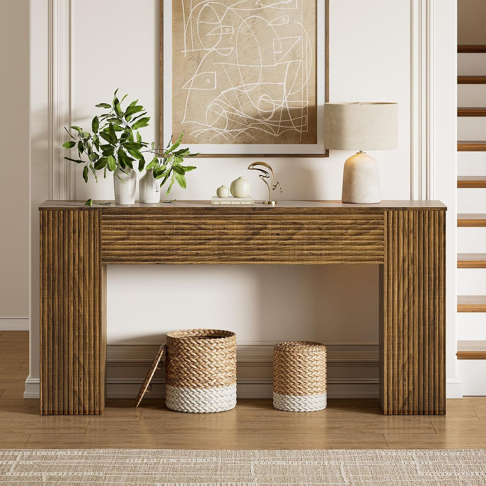 FABATO 61” Fluted Long Console Table with 2 Hidden Storage Cabinets, Brown