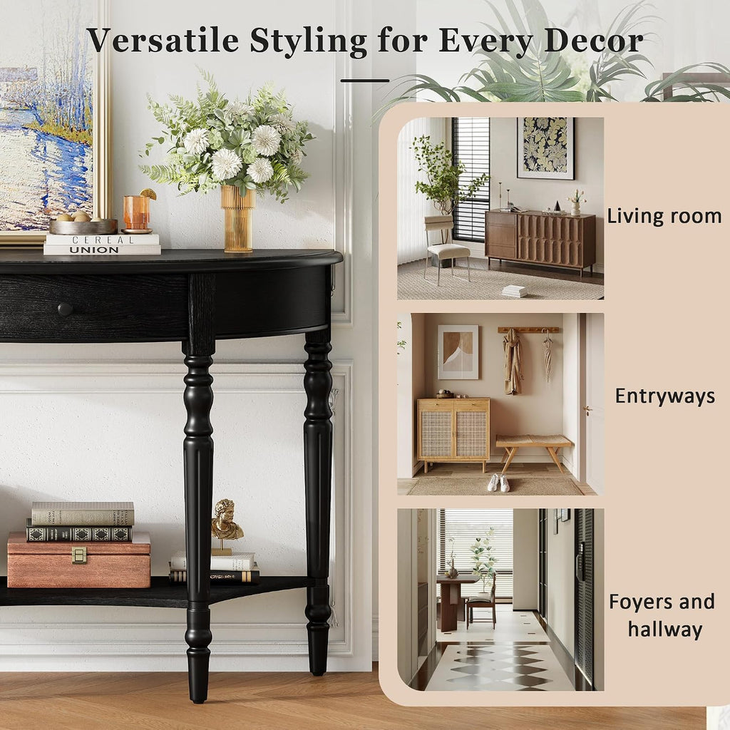 LUMISOL Half Moon Entryway Table with Drawer & Shelf, Black | Rustic Console Table for Entryway, Sofa Table Behind Couch, Farmhouse Accent Table