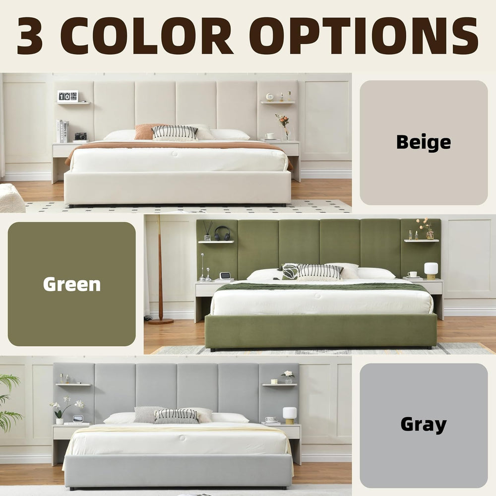 King Size Bed Frame with Storage & Built-in Nightstands & Drawers, Beige
