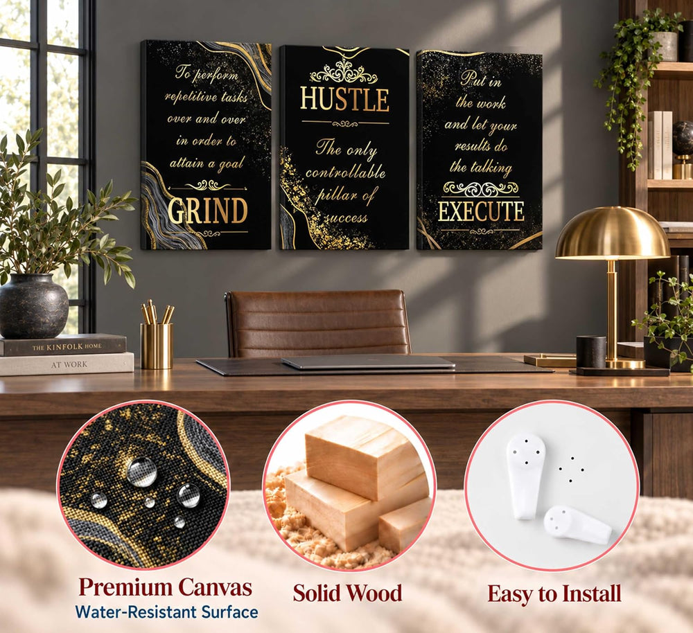 3 Pcs Black Gold Inspirational Office Canvas Wall Art 12x16in