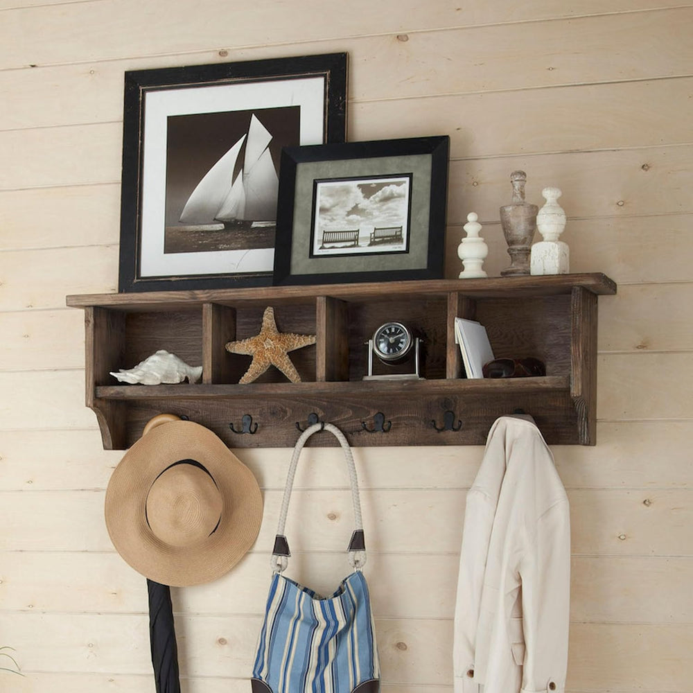 Pomona Solid Wood Entryway Coat Rack with Cubbies, Rustic Brown, 48”