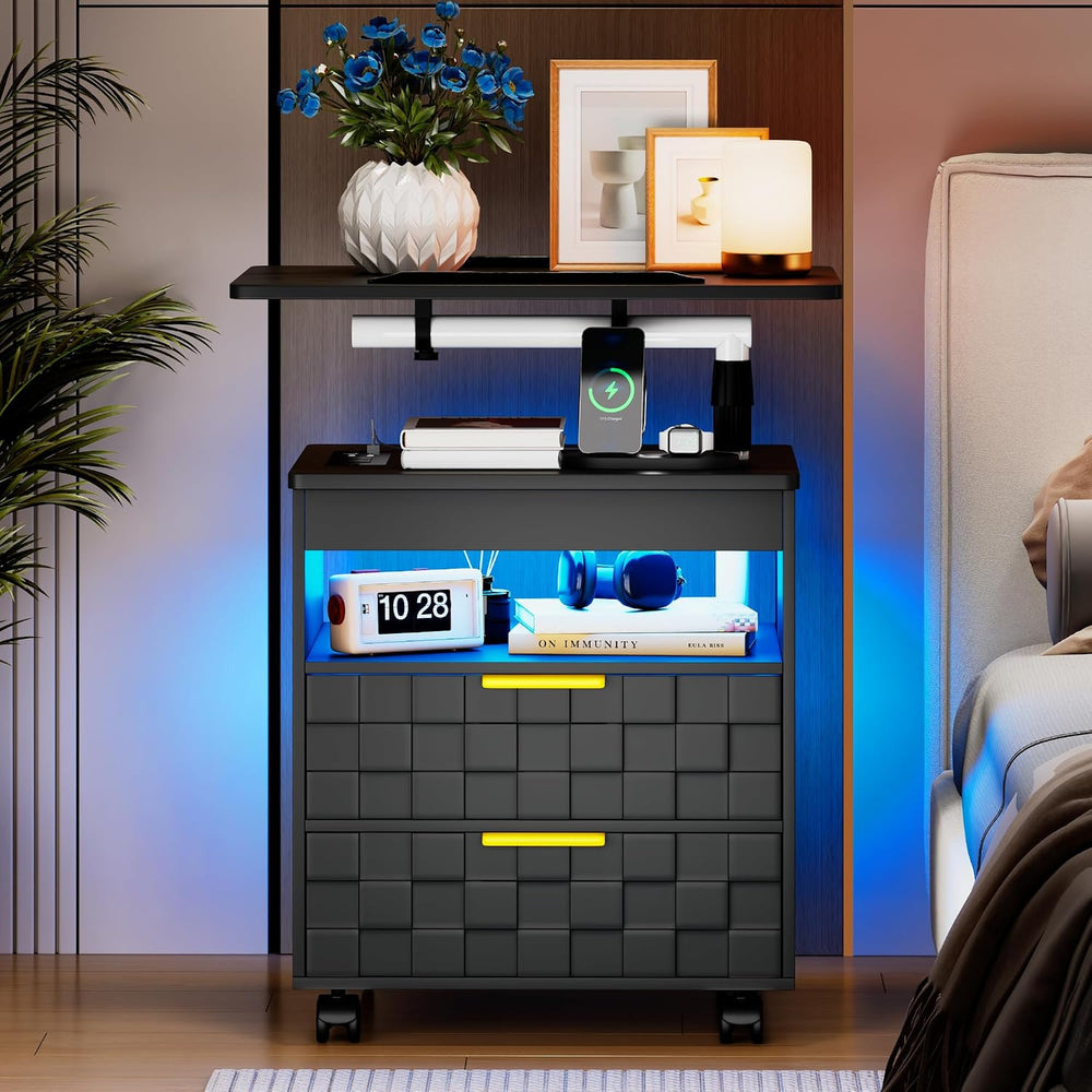 Lareth Rolling Nightstand with Wheels, LED Lights, Charging Station