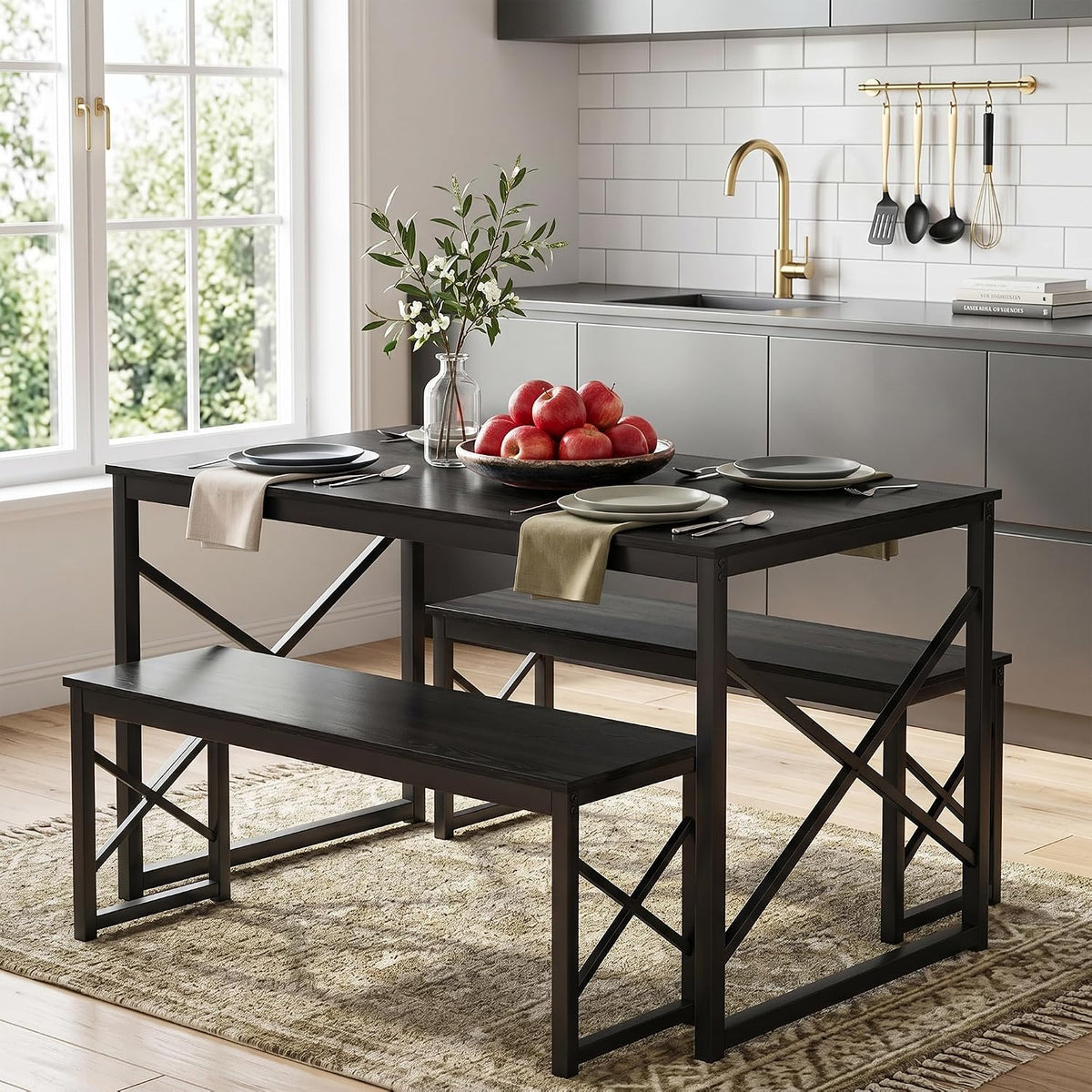 VECELO 43.3" Kitchen Dining Table Set for 4, Heavy-Duty Steel Frame & Wood-Grain Tabletop, Space-Saving Dinette Sets with 2 Benches for Breakfast Nook and Small Space, Black