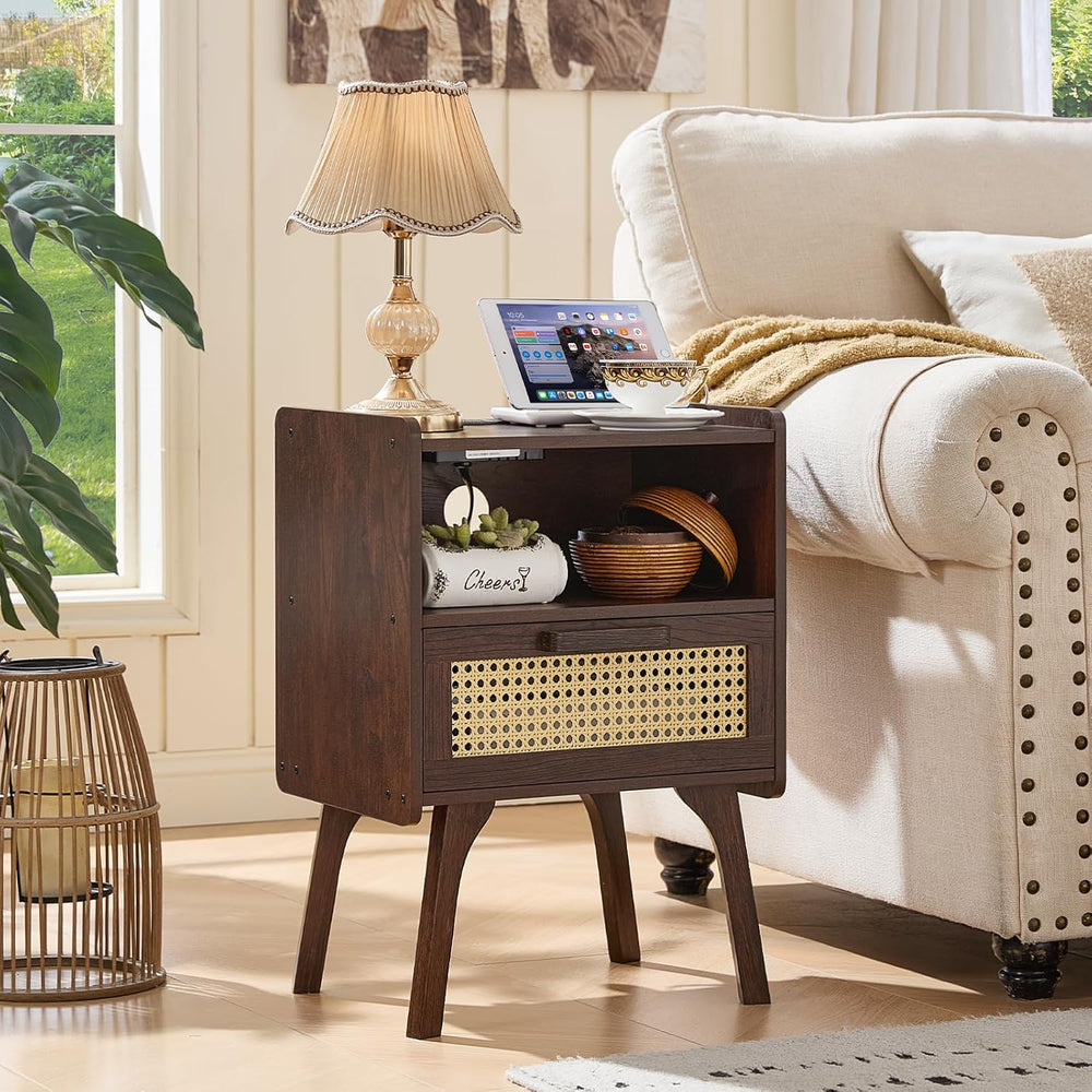 Lerliuo Rattan Nightstand with Charging Station, Side Table with Drawer