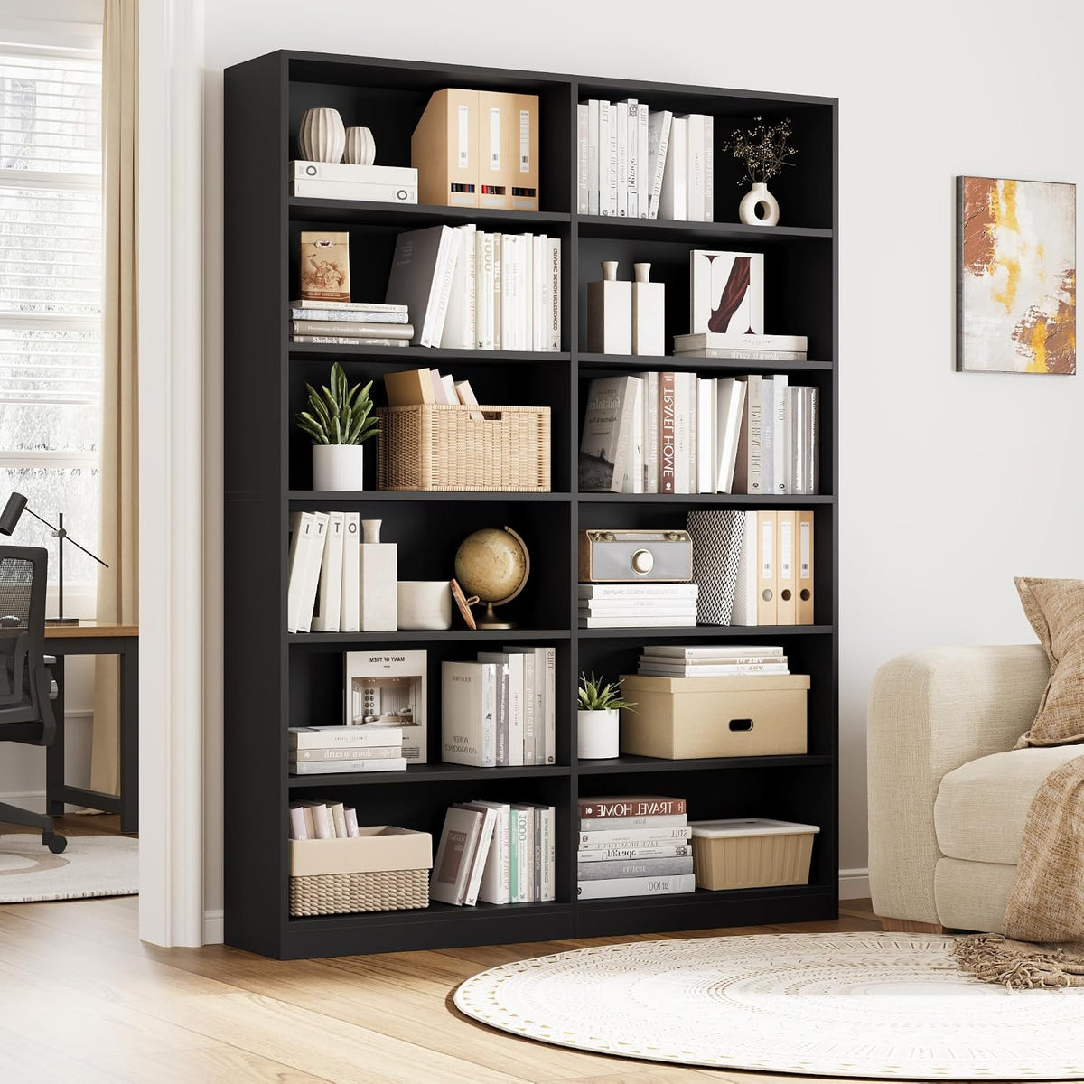 facbotall bookshelf tall bookcase, 6-tier double wide bookshelves shown in use