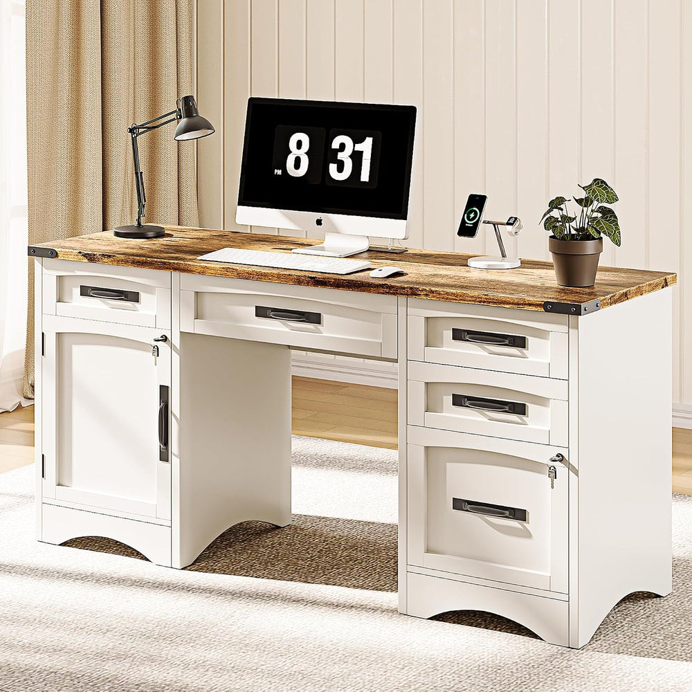 Decofy 55" Farmhouse Executive Desk with Drawers, White