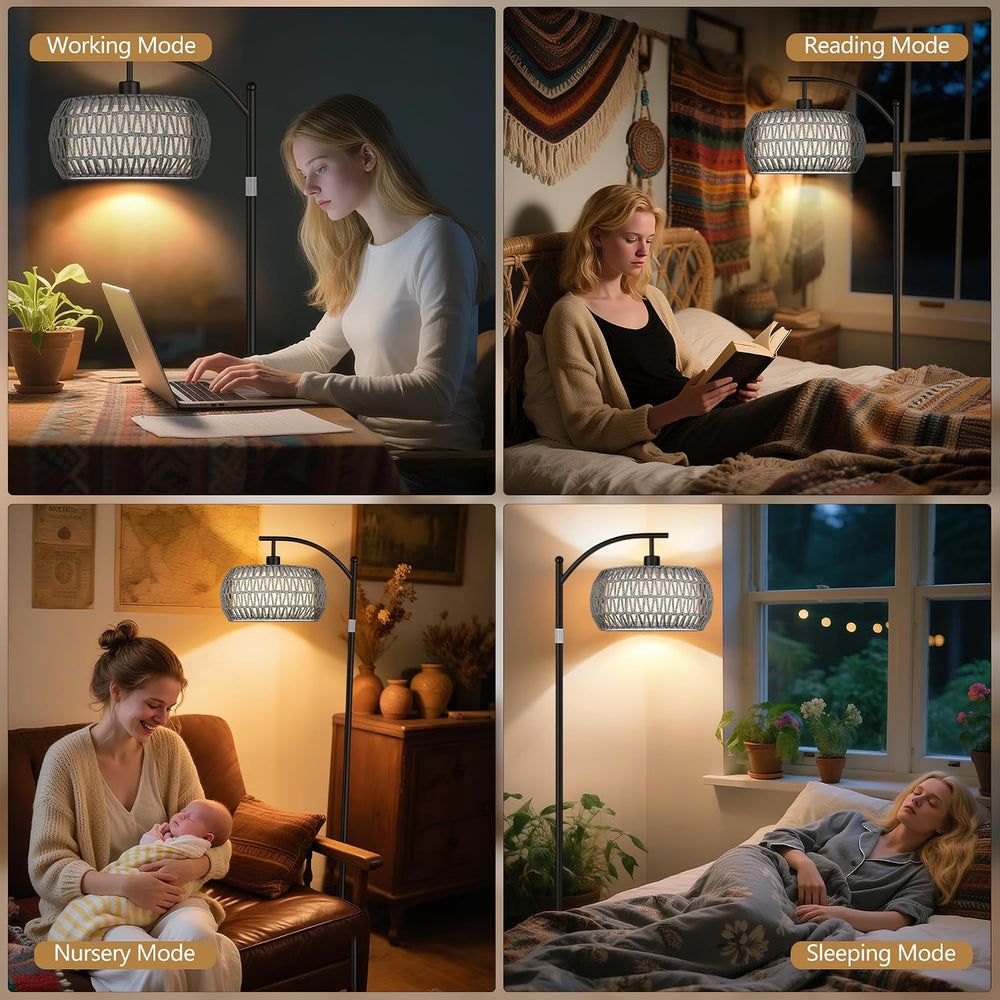 Rattan Floor Lamps for Living Room, Boho Standing Lamps with Grey Rattan&...