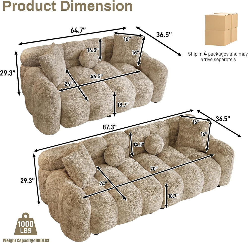 Wrofly 2-Piece Chenille Cloud Sofa Set, Loveseat & 3-Seater, Light Brown
