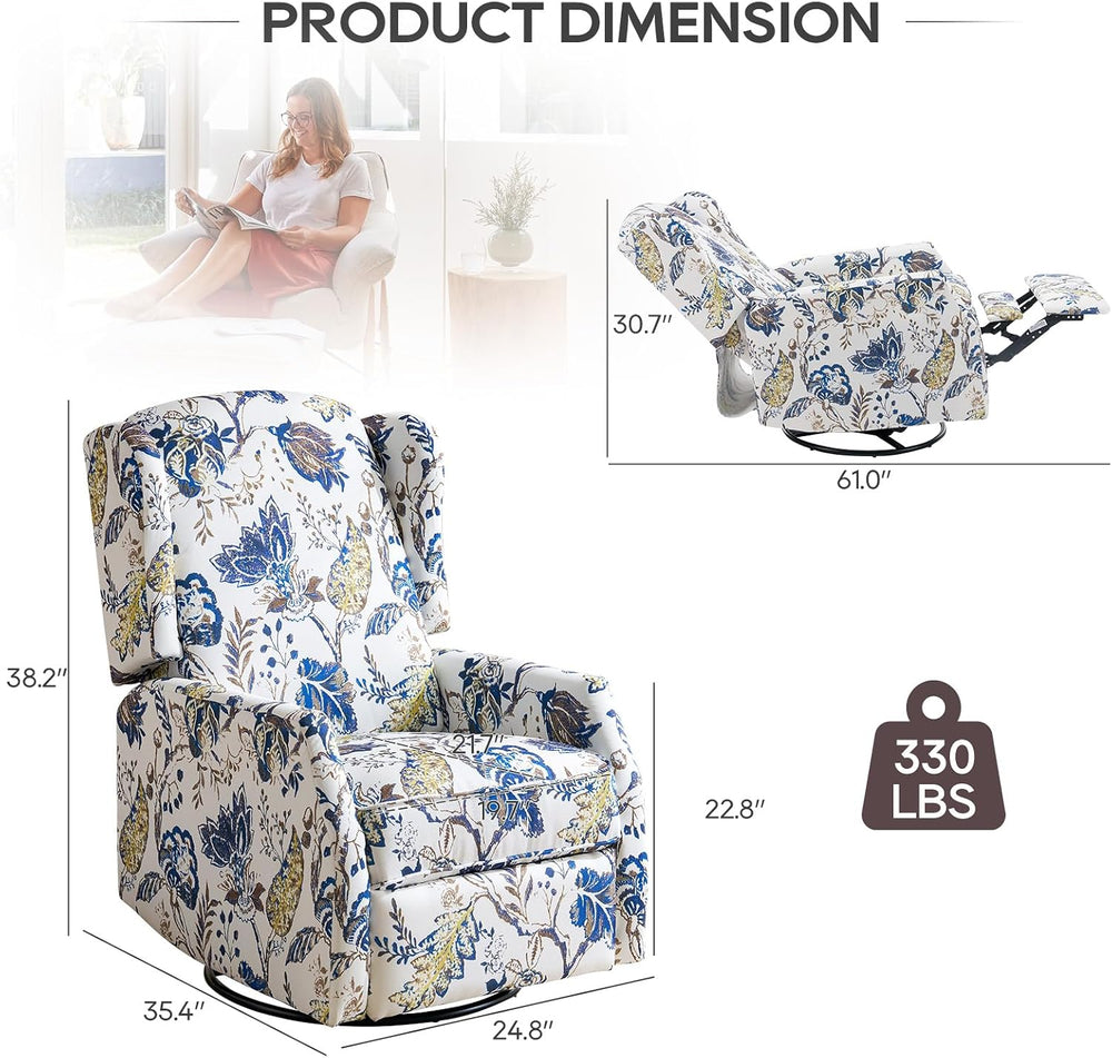 Floral Accent Swivel Rocker Recliner, Wingback Recliner Chair with Padded Sea...