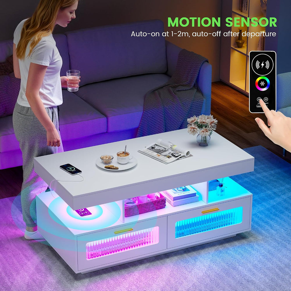 HNEBC LED Coffee Table with Wireless Charging Station for Living Room,White