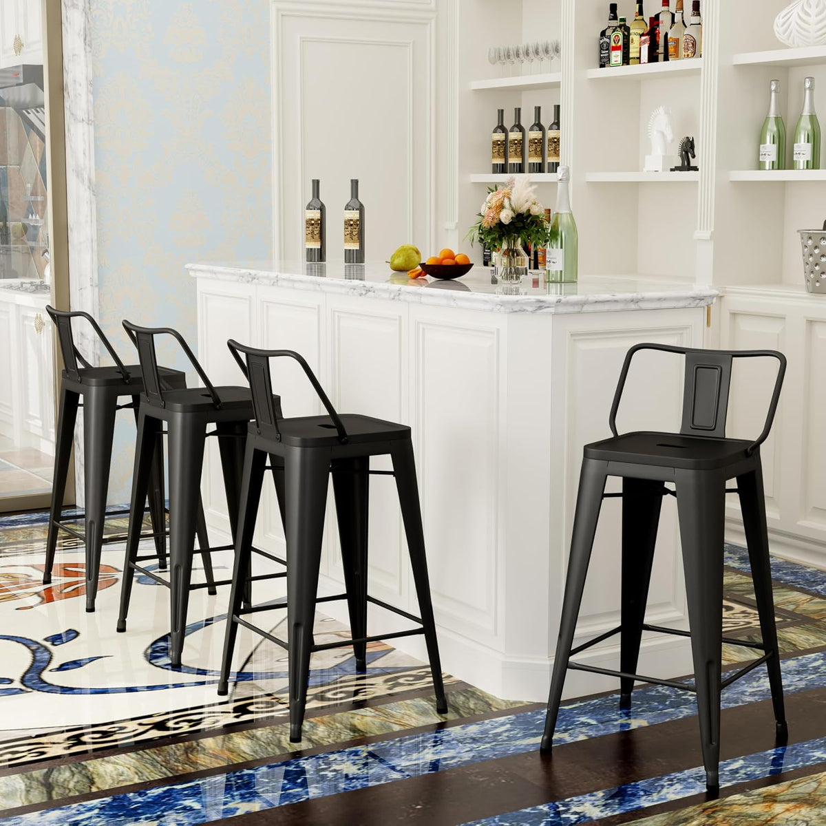 Changjie Furniture Industrial Metal Bar Stools with Backs Set of 4, Counter Height Barstools for Home Kitchen, Durable and Stylish Bar Stools Set (24 inch, Matte Black)