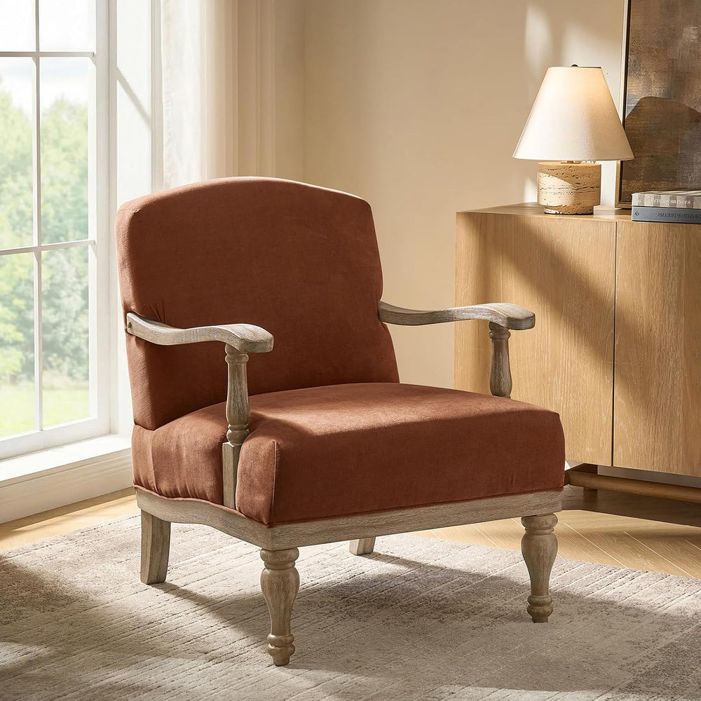HULALA HOME Farmhouse Accent Chair with Solid Wood Frame, Burn-Brick